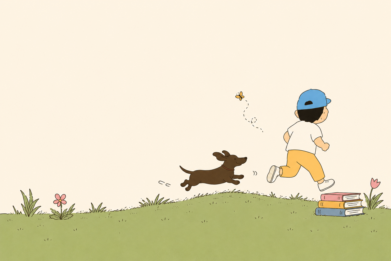 A child in a blue cap running across a green hill with a dachshund, a butterfly and a stack of books.